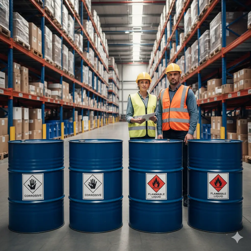 Paletten mit Gefahrgutkennzeichnung im Logistikzentrum