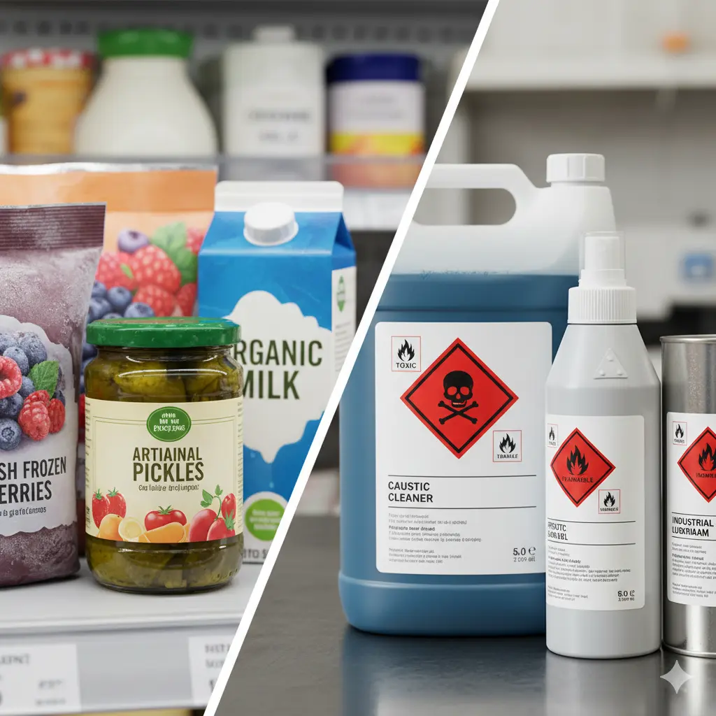 Chemische Gebinde mit Gefahrstoffetiketten im Lager